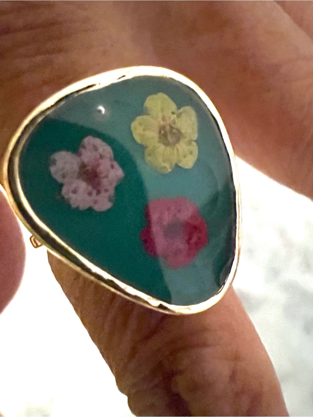 Gold-Tone Green Floral Statement Ring